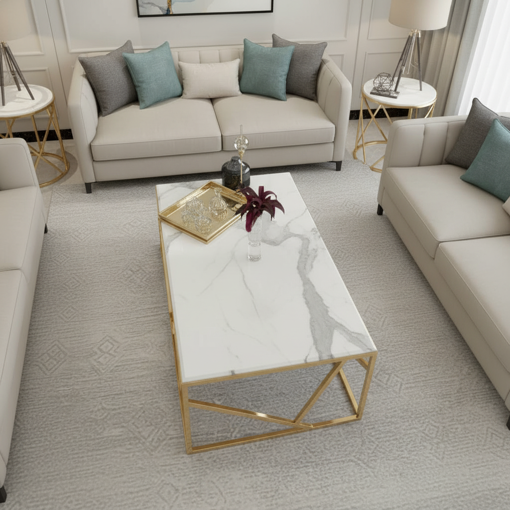 Modern Gold Geometric Diamond-Base Marble Coffee Table - Image 5