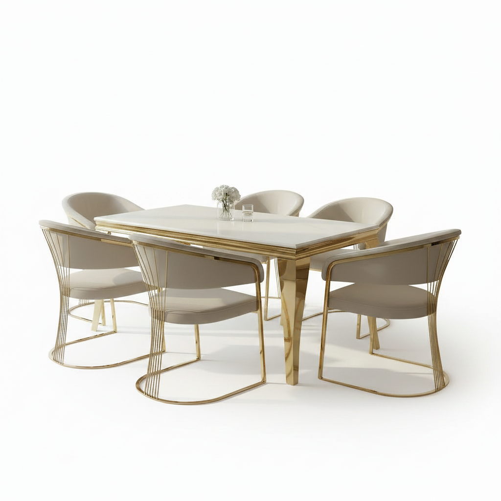 Modern Luxury Gold Tapered-Leg Dining Table & Wire-Base Chairs Dining Set - Image 5