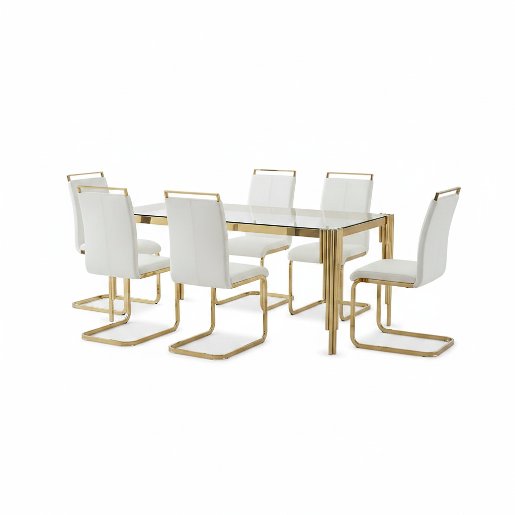 Modern Luxury Gold Waterfall-Base Glass Dining Table & White Cantilever Chairs Dining Set - Image 4