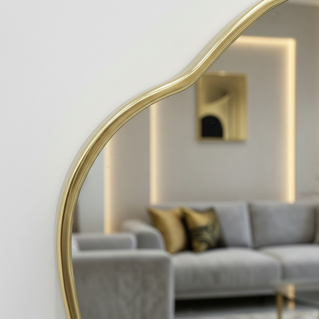 مرآة حائط ذهبية سباعية الأضلاع مودرن – مرآة ديكور هندسية بحواف ناعمة لغرفة المعيشة. - الصورة 4