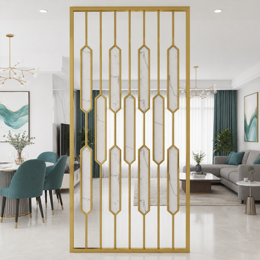 Contemporary Geometric Gold Partition – Modular Frame Divider with Carrara Marble Pattern - Image 4