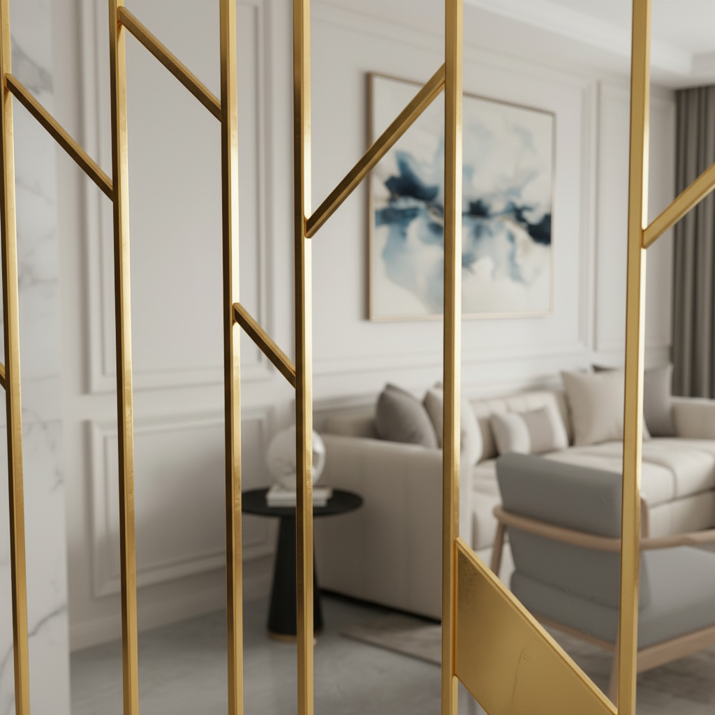 Contemporary Abstract Line Gold Partition – Decorative Metal Open-Frame Entryway Screen - Image 4