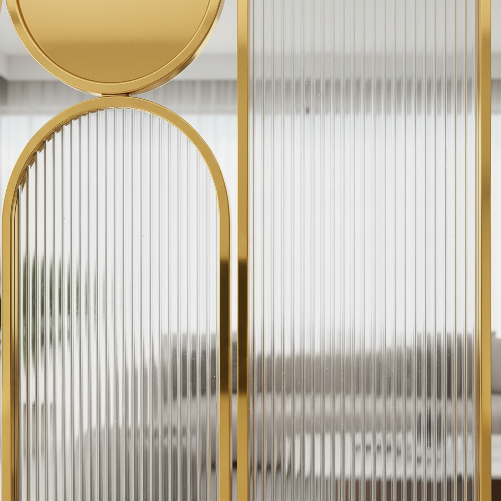 Modern Gold Abstract Room Divider – Luxury Fluted Glass Partition with Geometric Metal Frame. - Image 4