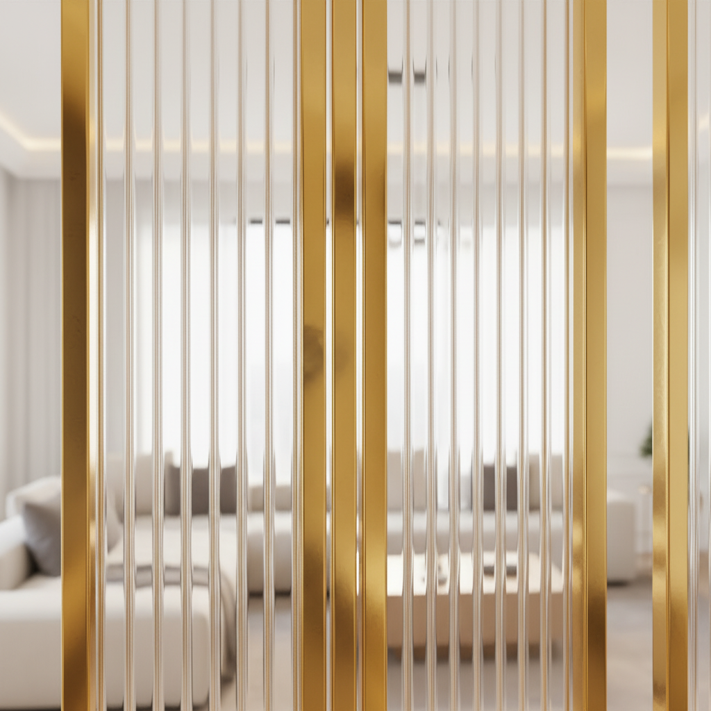 Modern Gold Capsule Room Divider – Luxury Fluted Glass Privacy Screen with Arch Design - Image 5