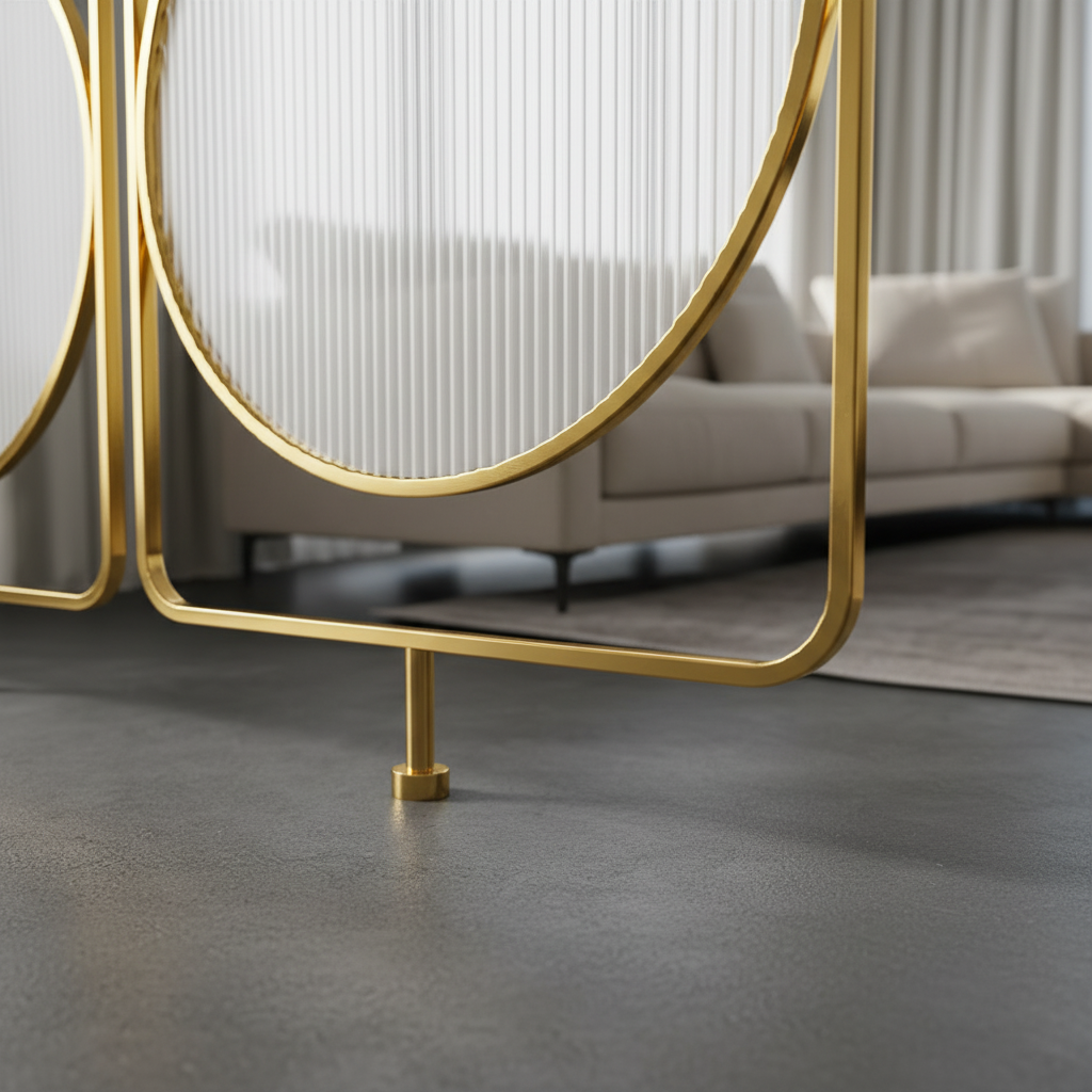 Modern Gold Circular Glass Room Divider – Luxury Fluted Glass Partition with Geometric Frame - Image 4
