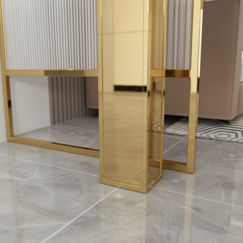 Modern Gold Entryway Partition – Luxury Fluted Glass Room Divider with Marble Console Shelf - Image 4