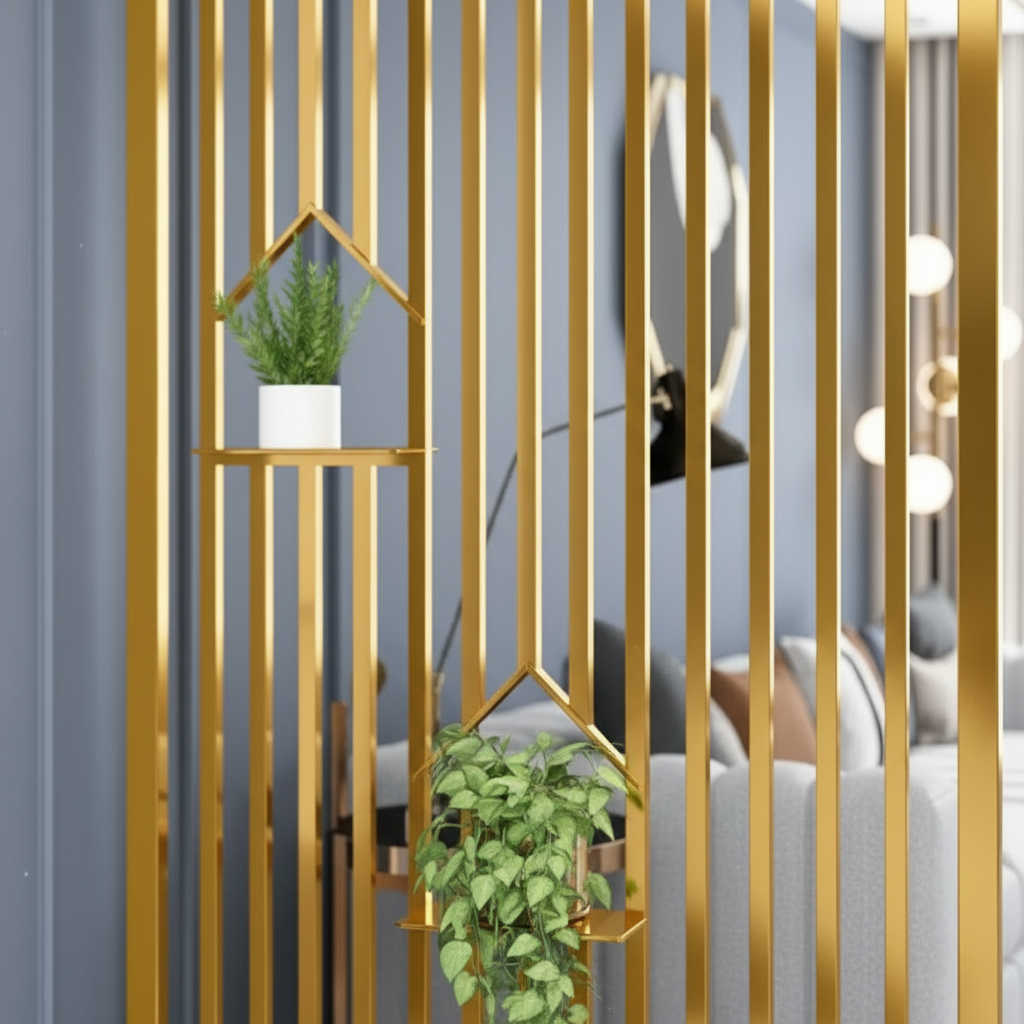 Modern Gold Slat Room Divider – Luxury Metal Partition with Integrated Geometric Plant Shelves. - Image 4