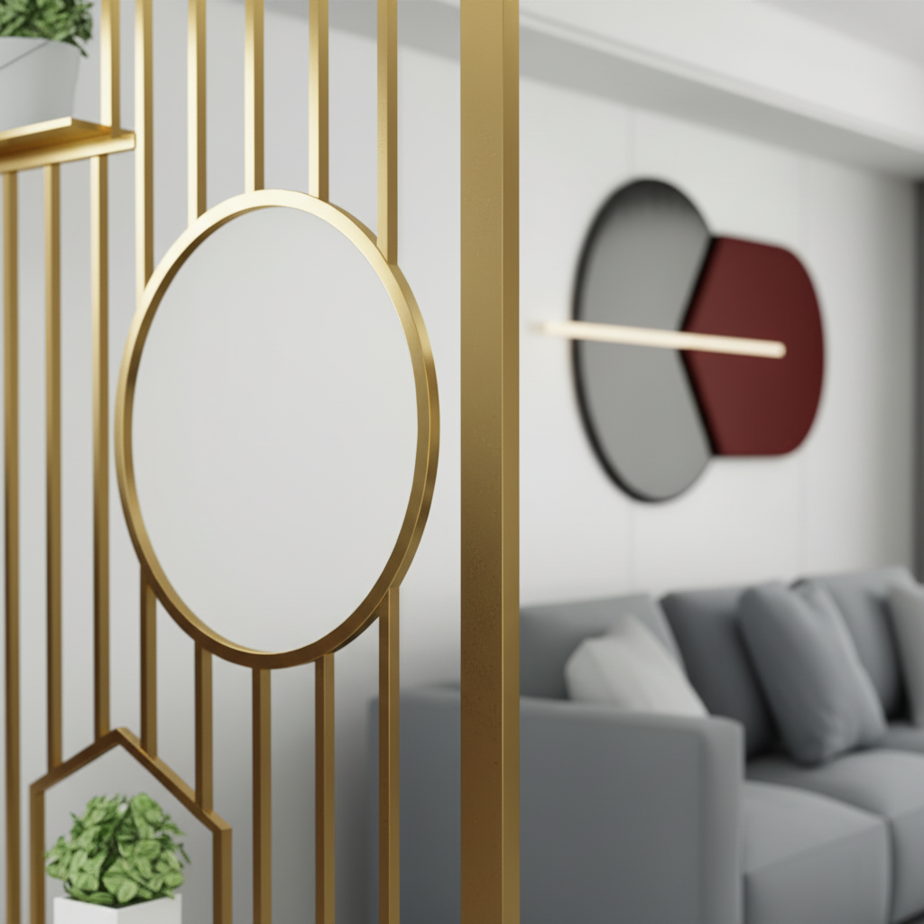 Modern Gold Staggered Pillar Room Divider – Luxury Vertical Metal Spindle Partition for Open Interiors. - Image 4