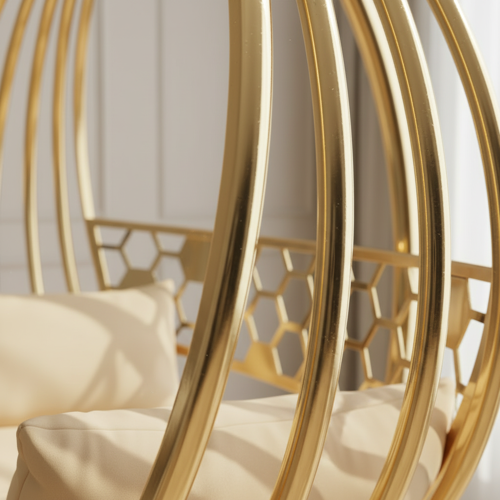 Elegant Gold Orbital Swing Chair – Luxury Metal Frame Hanging Chair with Honeycomb Pattern Back. - Image 4