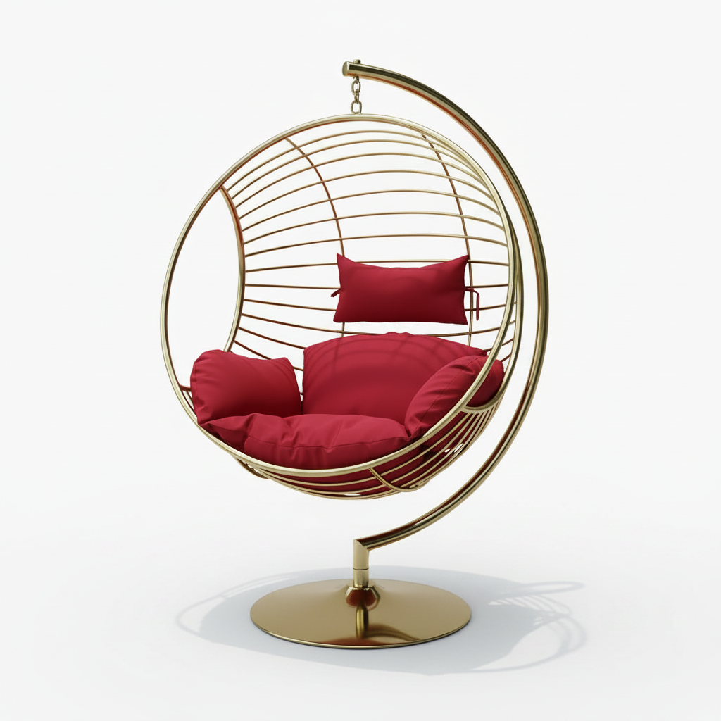 Luxury Gold Orbital Swing Chair – Modern Stainless Steel Hanging Chair with Vibrant Red Cushions & Heavy-Duty Stand - Image 5