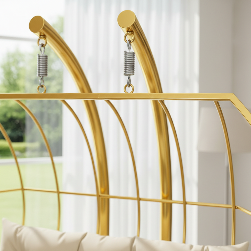 Modern Stainless Steel Indoor Hanging Bench with Premium Beige Cushions & Dual Stand Support - Image 4