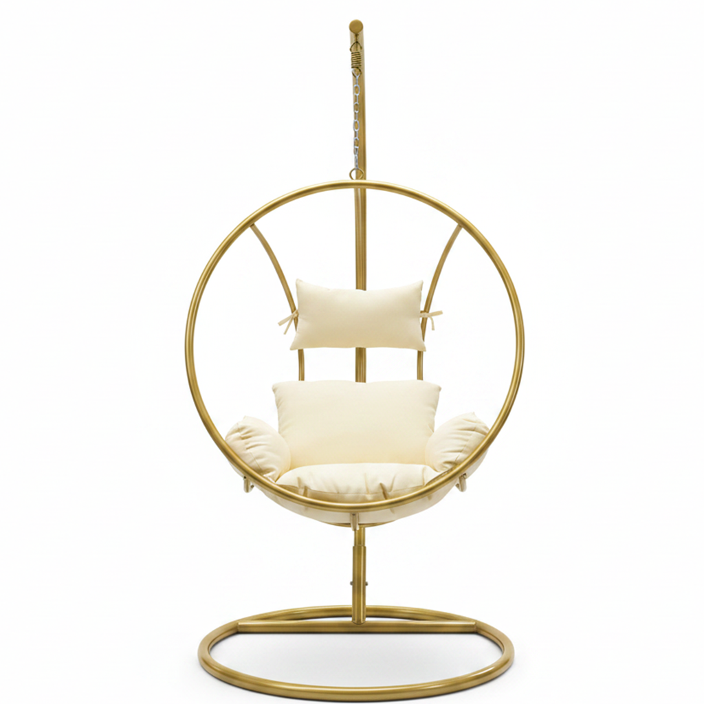 Luxury Gold Orbit Swing Chair – Modern Stainless Steel Hanging Chair with Premium Cream Cushions & Elegant Curved Stand - Image 4