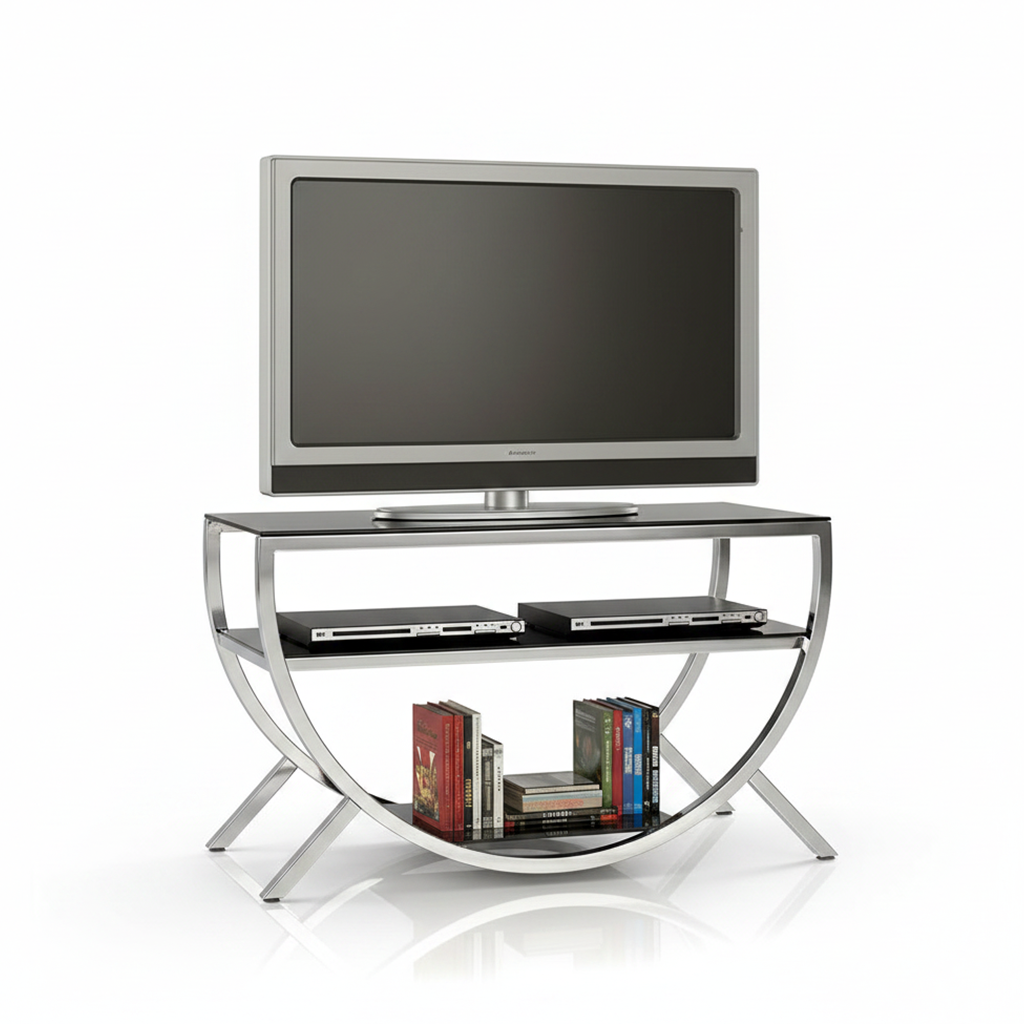 Modern Silver Chrome TV Stand – Luxury Minimalist Entertainment Center with Tiered Black Glass Shelves & Curvilinear Metal Frame - Image 5