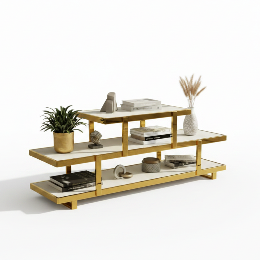 Luxury Marble Top TV Unit – Modern Gold Stainless Steel Media Console with Fluted Texture & Rounded Edges - Image 6