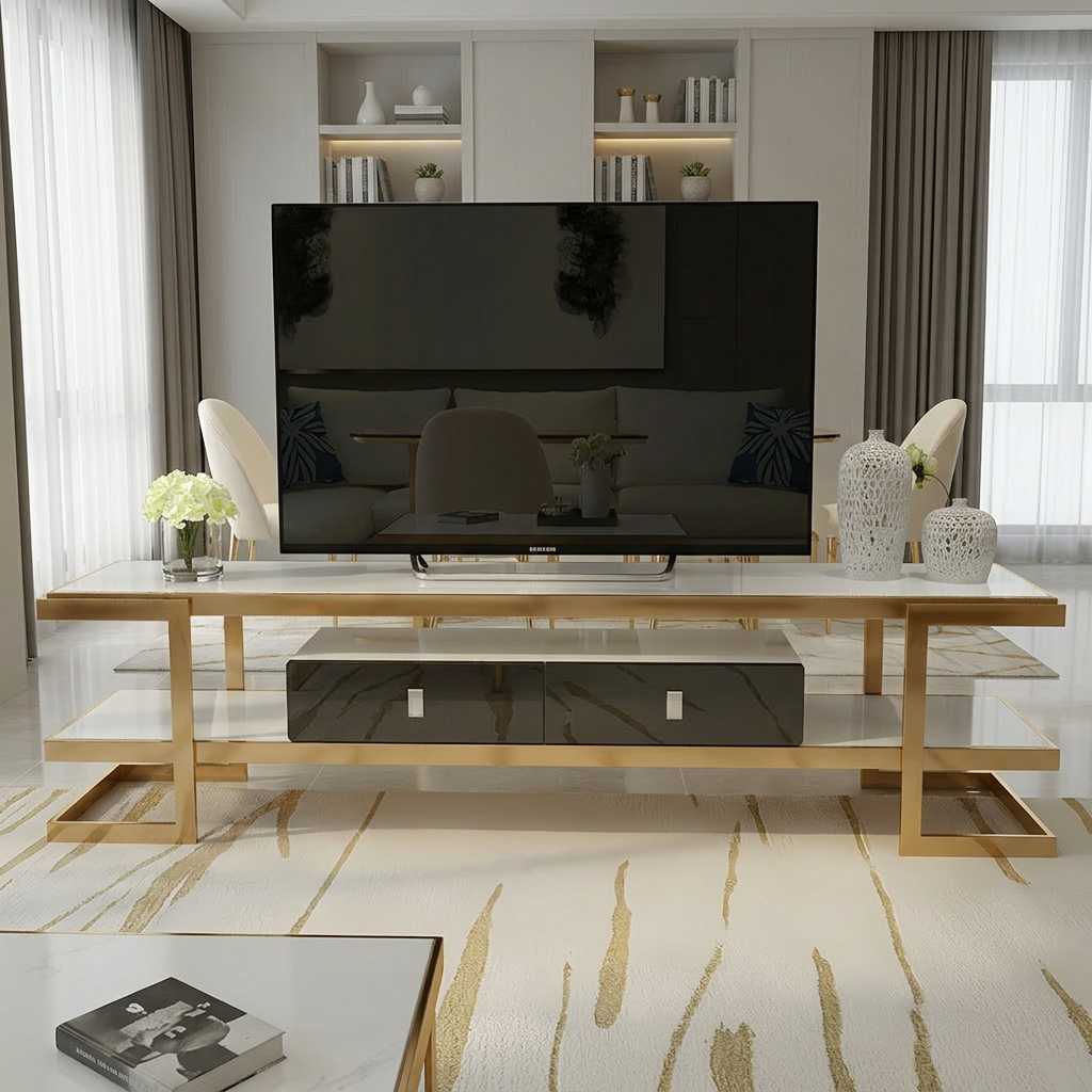 Luxury Gold Stainless Steel TV Unit – Modern Multi-Tier Media Console with White Marble Shelves & Geometric Frame Design - Image 4