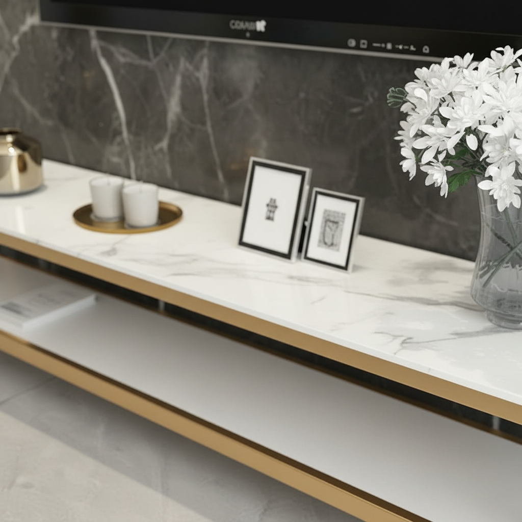 Luxury Gold Stainless Steel TV Stand – Modern Open-Concept Media Console with Marble Tiers & Geometric Interlocking Frame - Image 4