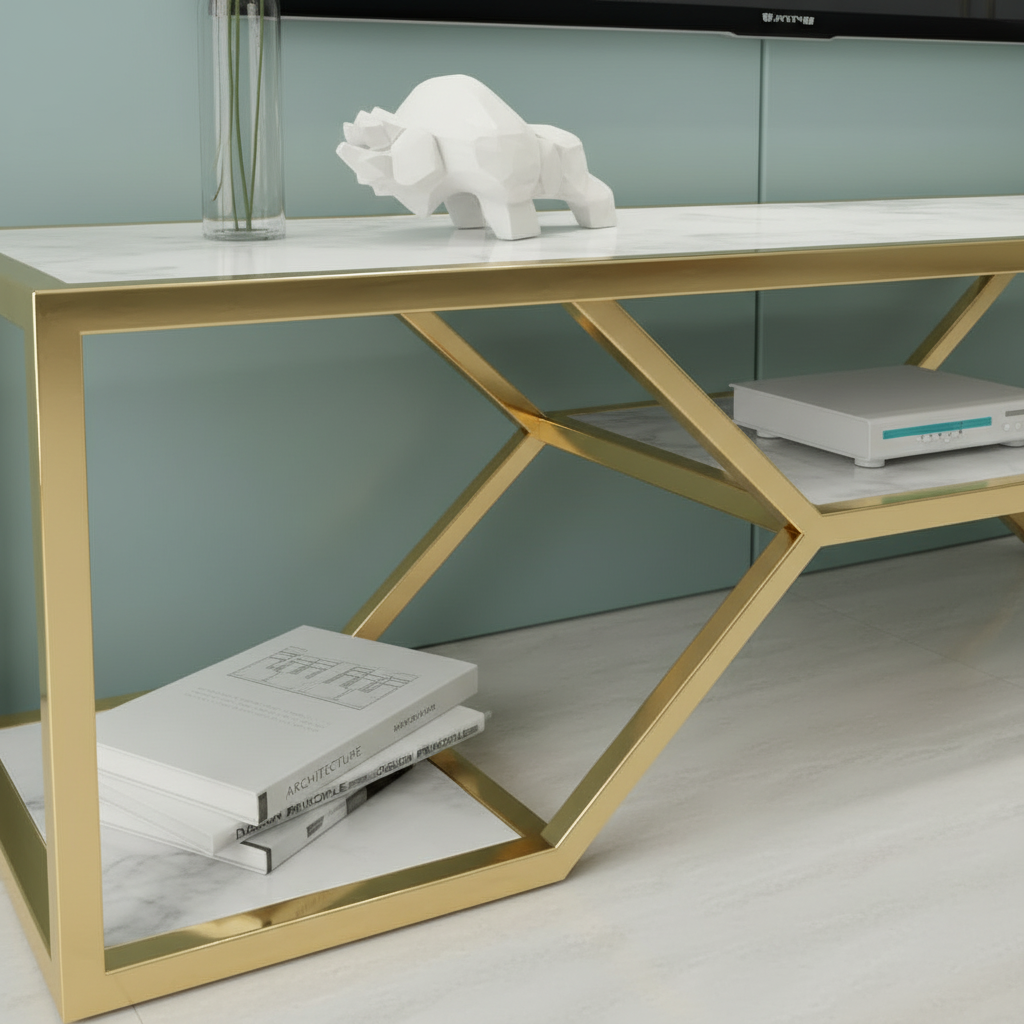 Modern Luxury White Marble TV Unit – Geometric Gold Stainless Steel Frame Media Stand with Multi-Level Open Shelving - Image 5