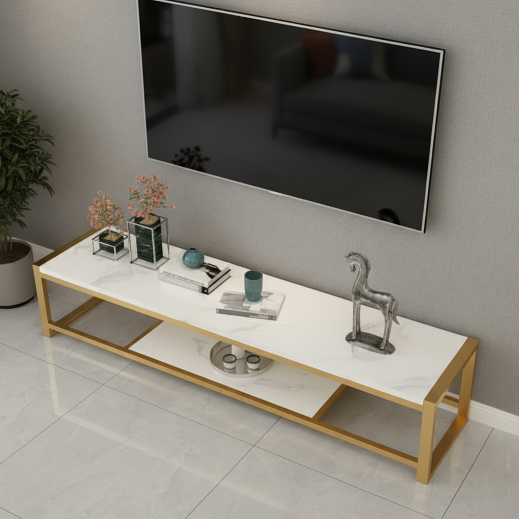 Minimalist Luxury White Marble TV Stand – Modern Gold Stainless Steel Frame Media Console with Integrated Low-Profile Shelf - Image 5