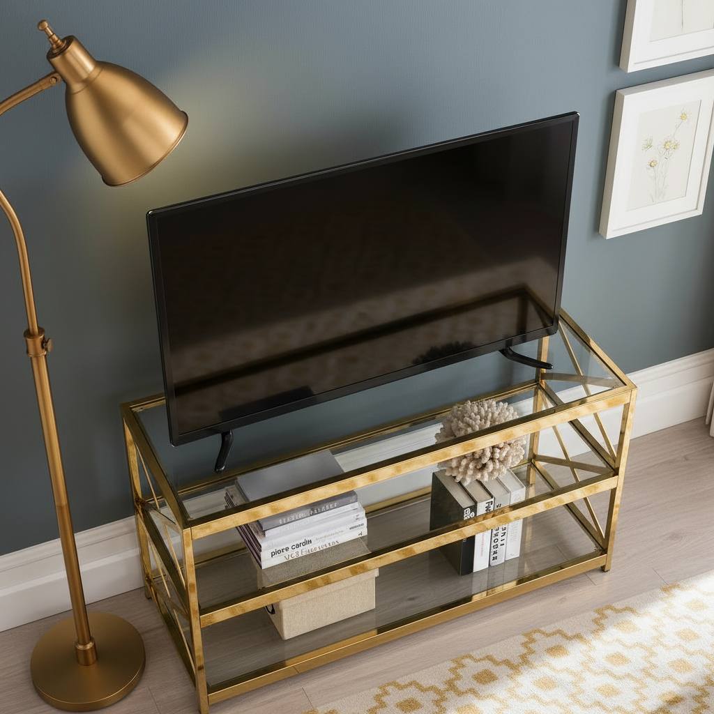 Luxury White Marble TV Unit – Modern Gold Stainless Steel Media Console with Rectangular Open Frames & Elegant Display Shelves - Image 4