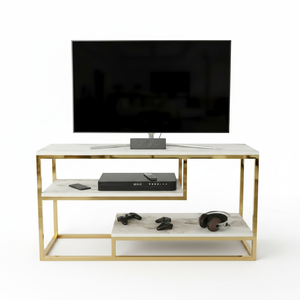 Luxury Modern White Marble TV Stand – Elegant Gold Stainless Steel Frame Media Console with Integrated Floating Shelf Design - Image 5