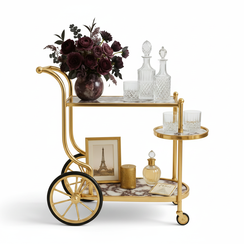 Vintage Luxury Gold Bar Cart – 3-Tier Rolling Serving Trolley with Premium Calacatta Viola Marble Shelves & Large Decorative Spokes Wheels - Image 5