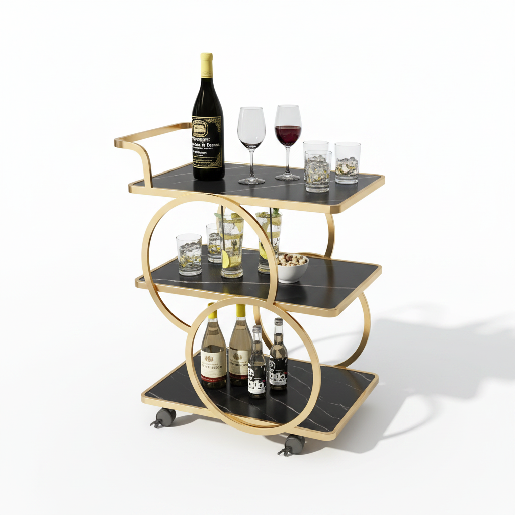 Luxury Geometric Gold Bar Cart – 3-Tier Round Nested Circle Serving Trolley with Black Marble Shelves & Heavy-Duty Locking Casters - Image 5