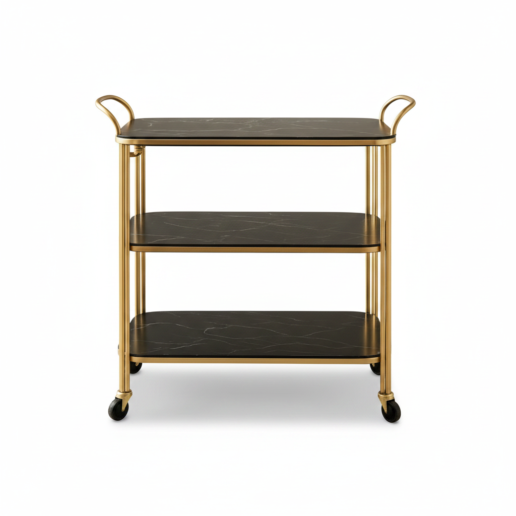 Modern Luxury 3-Tier Bar Cart – Elegant Gold Stainless Steel Serving Trolley with Black Marble Shelves & Integrated Dual Handles - Image 5