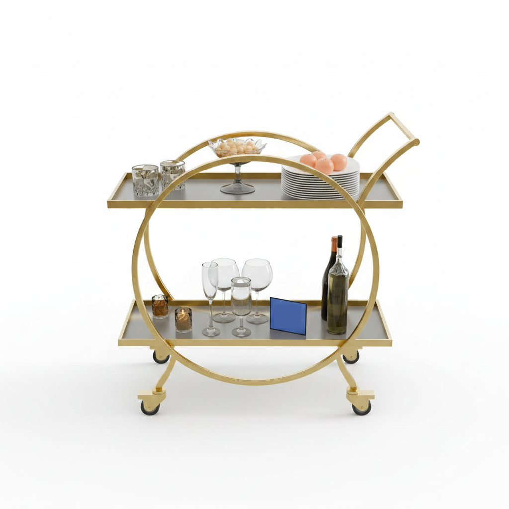 Modern Luxury Gold Bar Cart – Elegant 2-Tier Round Circle Frame Serving Trolley with Minimalist Grey Shelves and Rolling Casters - Image 4