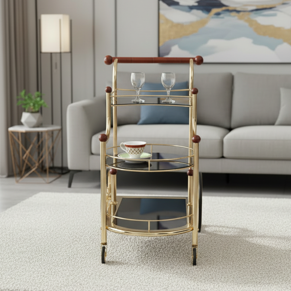 Luxury Vintage Gold Bar Cart – Elegant 3-Tier Multi-Level Serving Trolley with Black Glass Shelves & Decorative Spokes Wheels - Image 4