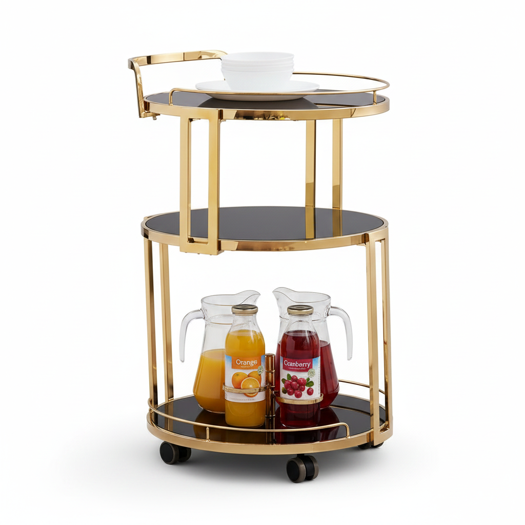 Luxury Modern Gold Bar Cart – Elegant 3-Tier Round Tiered Serving Trolley with Black Glass Shelves and Mobile Rolling Casters - Image 4