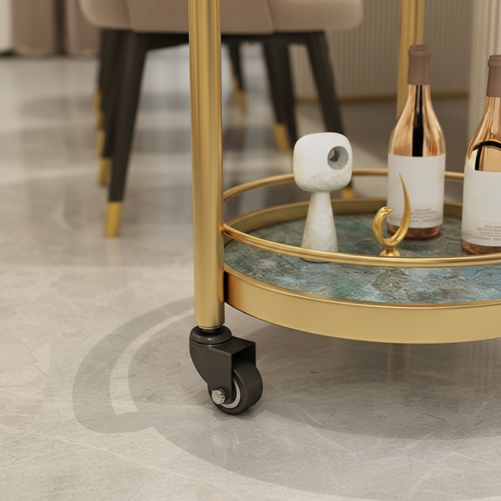 Luxury Modern Gold Bar Cart – Elegant 3-Tier Round Tiered Serving Trolley with marble Shelves and Mobile Rolling Casters - Image 4
