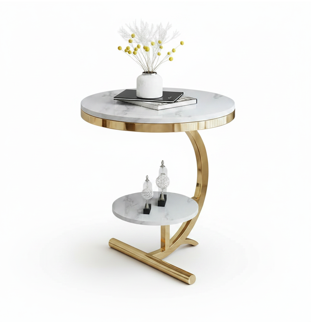 Modern Gold C-Frame Double Marble Side Table - Image 5