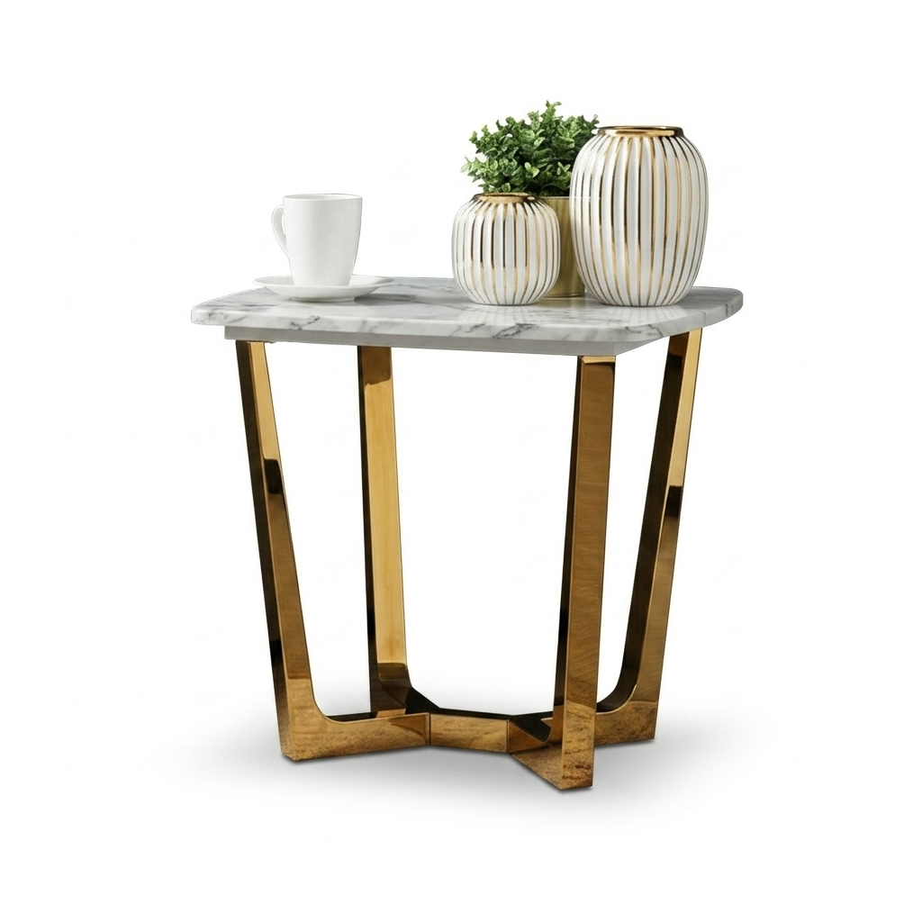 Gold Geometric Base Marble Side Table - Image 5