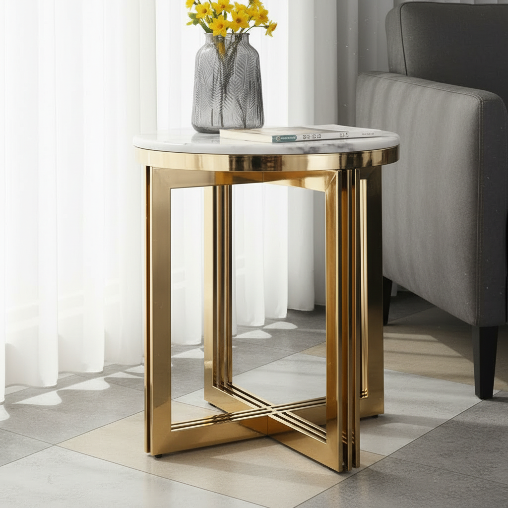 Gold Crisscross Marble Side Table - Image 5