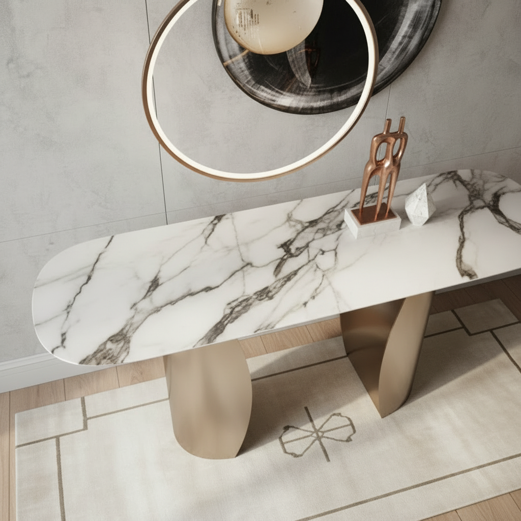 Gold Curved-Base Marble Console Table - Image 5
