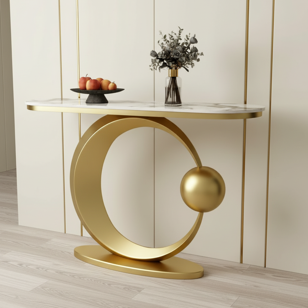 Gold Crescent & Orb Marble Console Table - Image 5