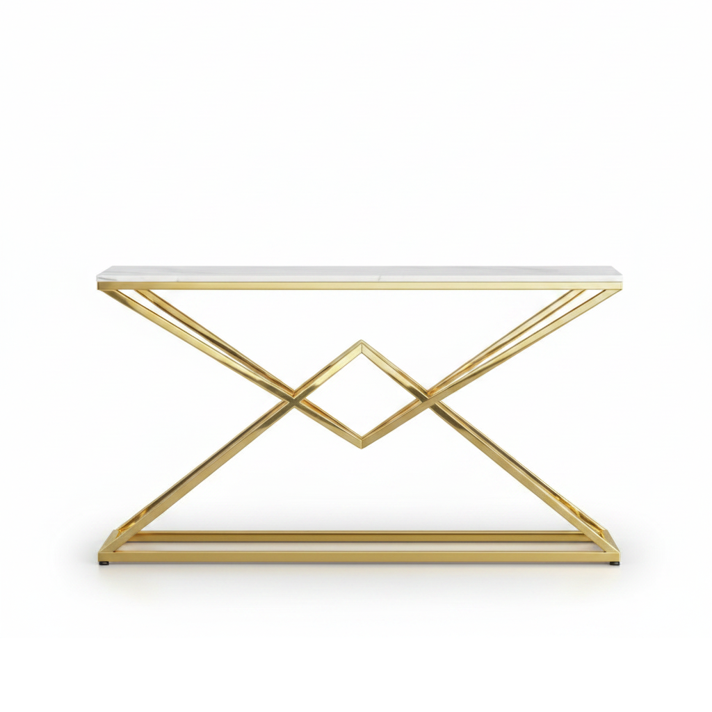 Gold Geometric Diamond-Base Marble Console Table - Image 5