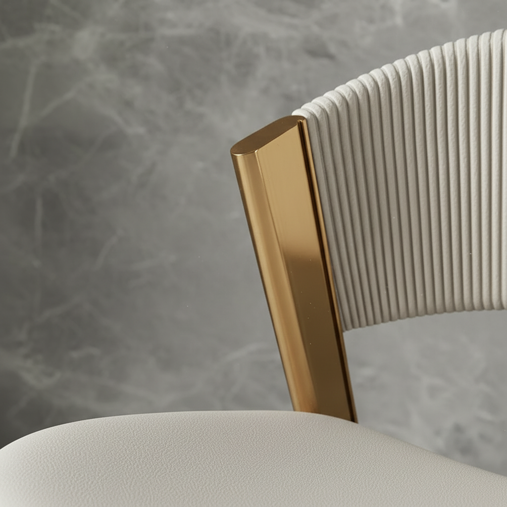 Gold-Framed Ribbed White Leather Dining Chair - Image 4