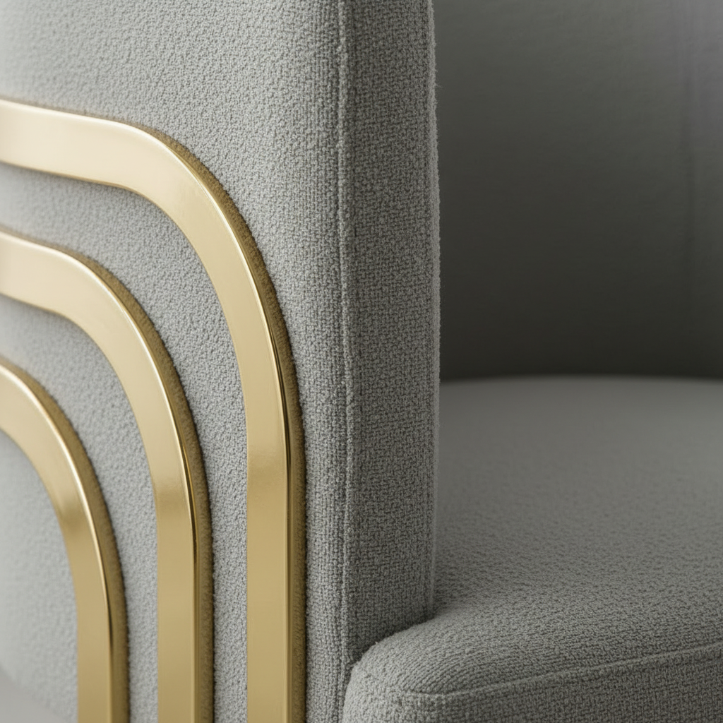 Gold-Framed Grey Bouclé Barrel Chair - Image 4
