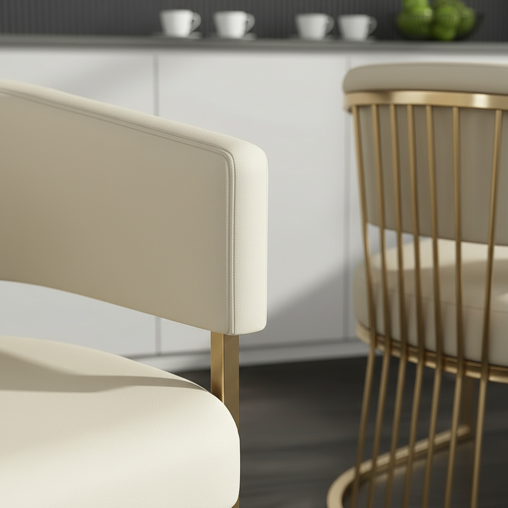 Gold-Framed Off-White Leather Barrel Dining Chair - Image 4