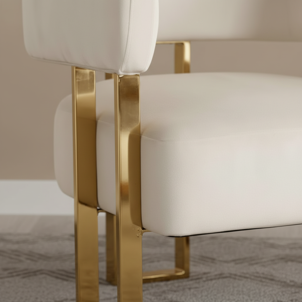Gold Framed Cream Leather Barrel Accent Chair - Image 4
