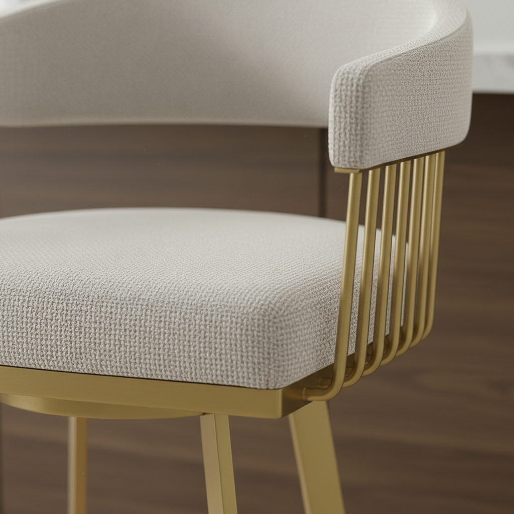 Modern Gold-Framed Swivel Bar Stools with Off-White Fabric Seat - Image 4