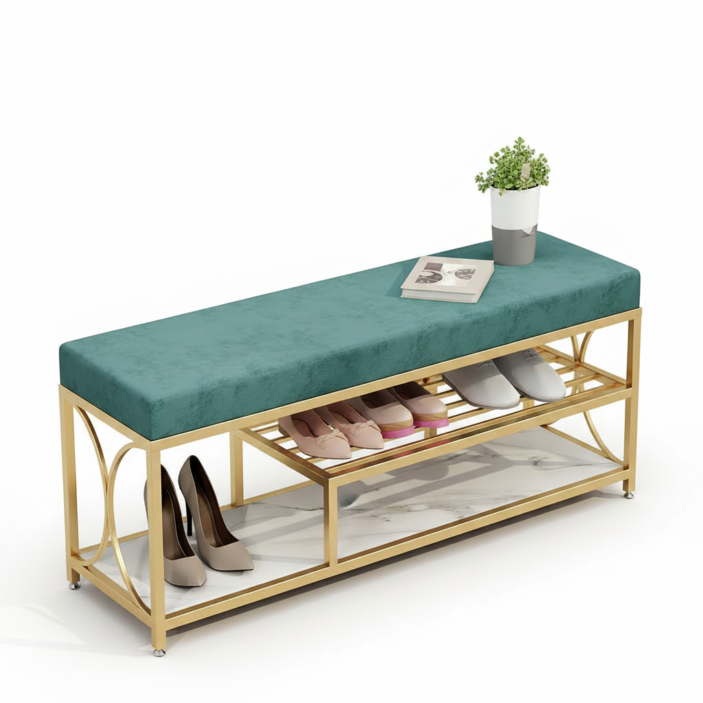 Modern Gold-Framed Teal Velvet Shoe Rack Bench - Image 5