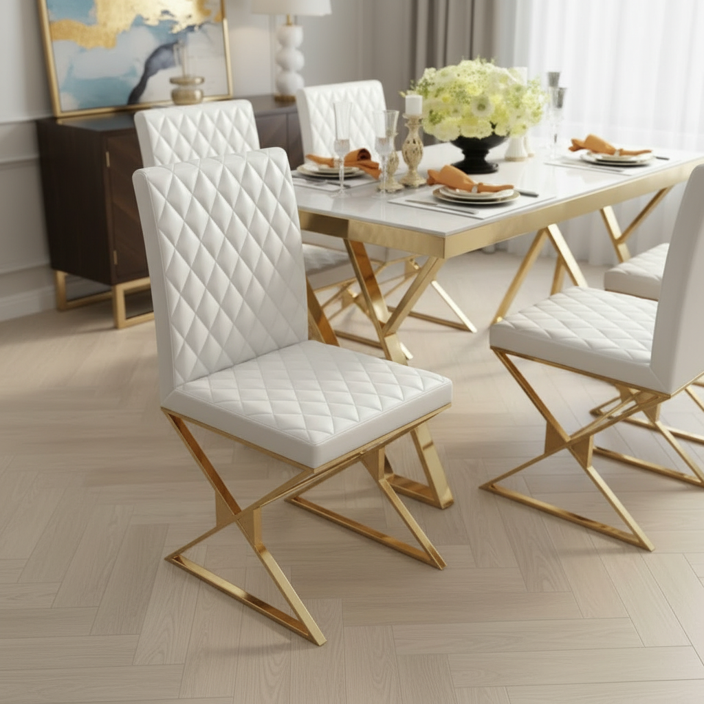 Modern Gold-Framed Marble Table & White Tufted Chairs Dining Set - Image 5