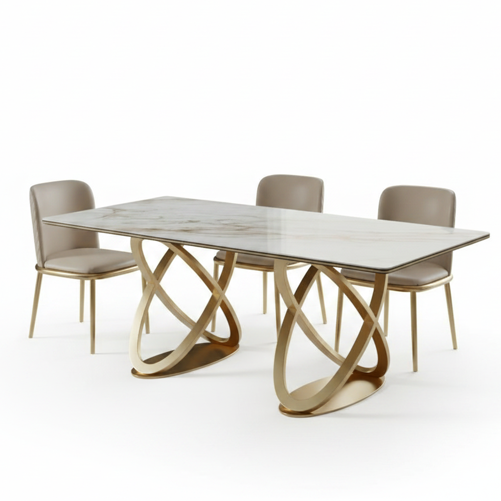 Modern Gold Spiral-Base Marble Table & Beige Leather Chairs Dining Set - Image 5
