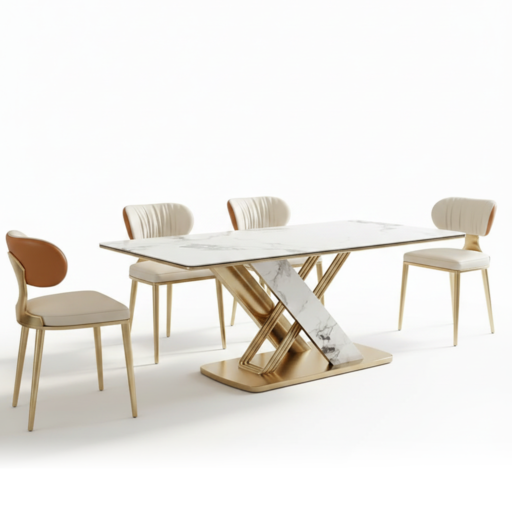 Modern Luxury Marble Dining Table with Gold V-Base - Image 5