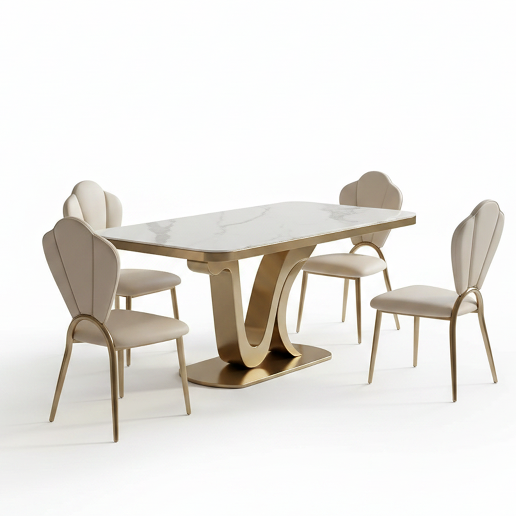 Modern Gold U-Base Marble Dining Table & Petal-Back Chairs Dining Set - Image 5