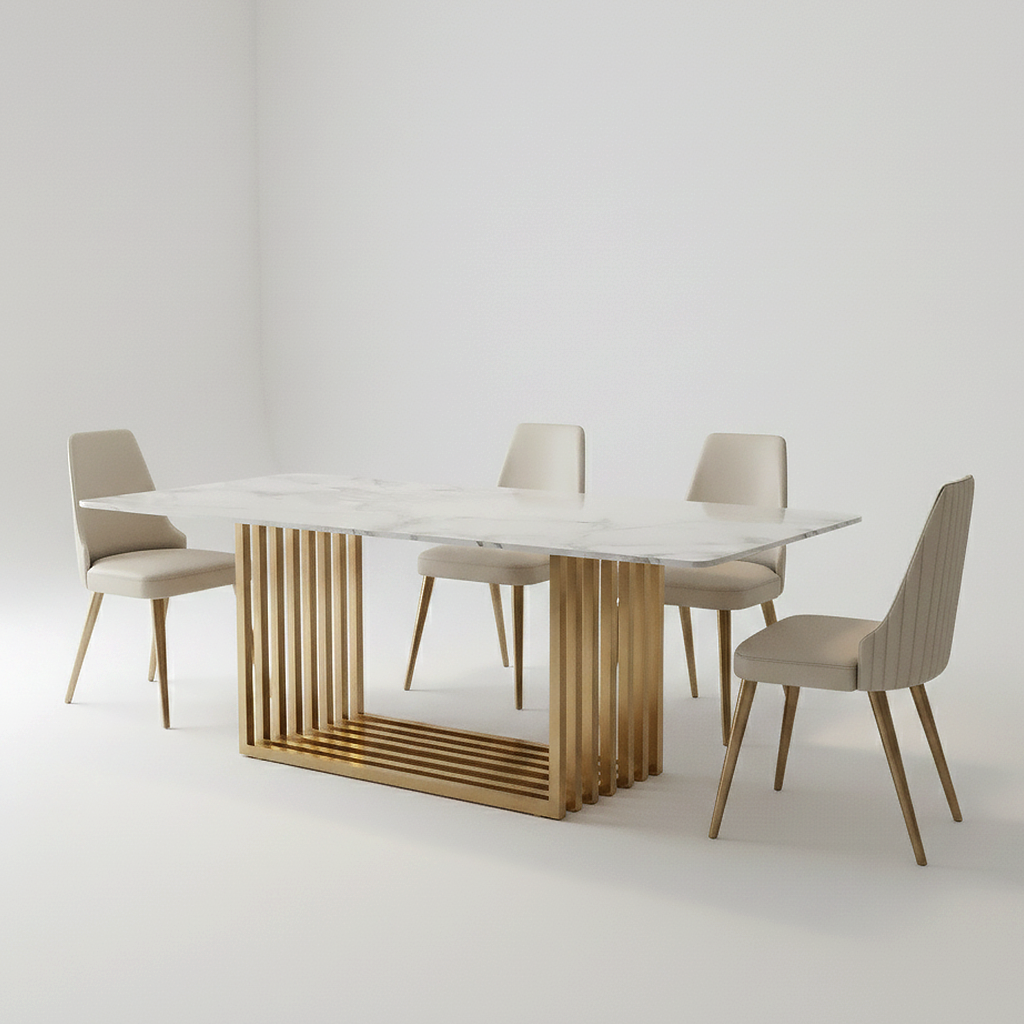 Modern Gold Slat-Base Marble Dining Table & Beige Leather Chairs Dining Set - Image 5