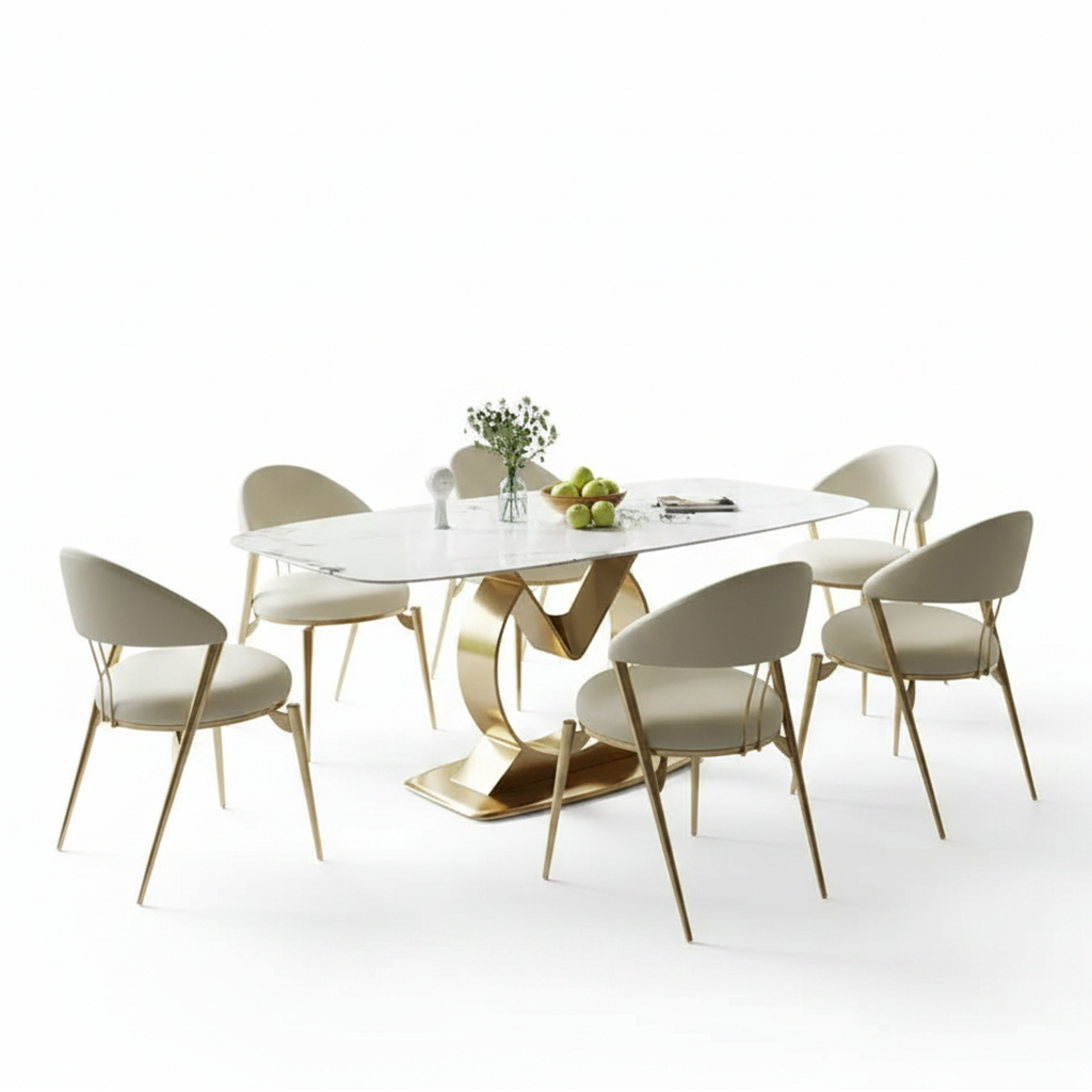Modern Luxury Gold V-Base Marble Dining Table & Cream Curved Chairs Dining Set - Image 5