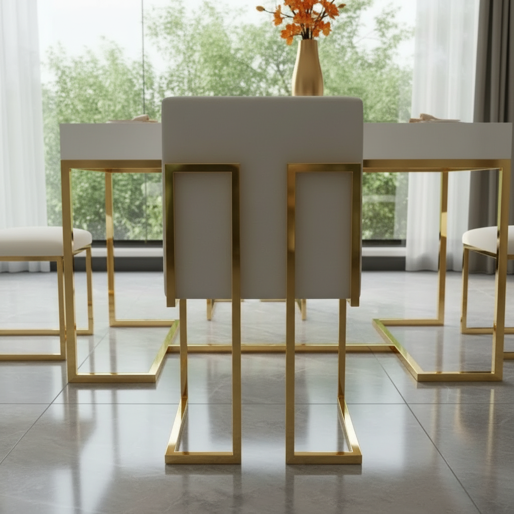 Modern Gold-Framed White Dining Table with Geometric Chairs - Image 5